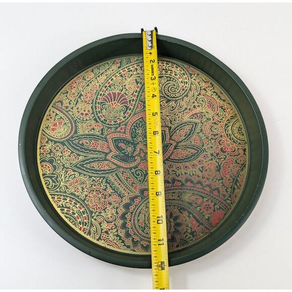 Vtg Tin Serving Tray 12" Green Gold Red Paisley Christmas Platter Cookie Tray - Picture 8 of 10